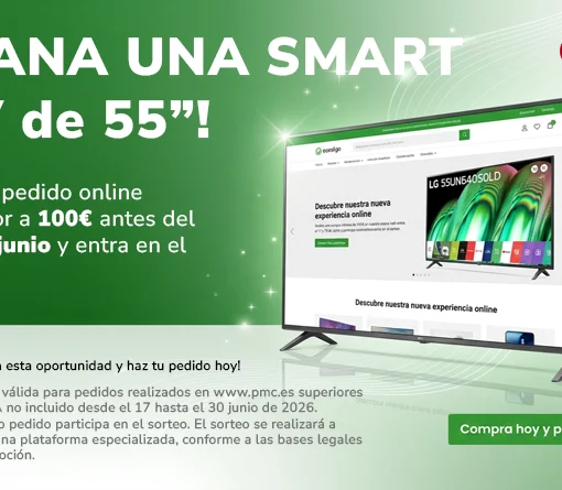 Sorteo de una Smart TV LG de 55 pulgadas entre los pedidos superiores a 100 € en la nueva web pmc.es, válido del 17 al 30 de junio de 2026