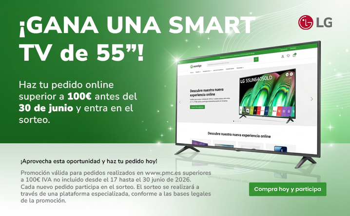 Sorteo de una Smart TV LG de 55 pulgadas entre los pedidos superiores a 100 € en la nueva web pmc.es, válido del 17 al 30 de junio de 2026
